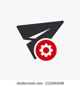 Paper plane icon, other icon with settings sign. Paper plane icon and customize, setup, manage, process symbol. Vector illustration
