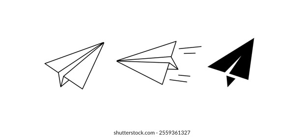 Paper plane icon outline, dynamic flying version with motion lines, and a bold solid icon. Whether you're designing a website, creating a brand identity, or adding a playful touch to any project.