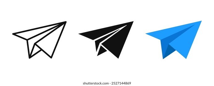 Ícone de plano de papel. Botão Enviar mensagem. Logotipo azul do avião de papel. Ilustração vetorial por e-mail, carta ou telegrama. Sinal de correio. Origami de voo. Pictograma de viagem. Conceito isolado de bate-papo online.