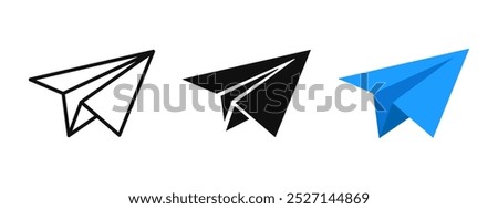 Paper plane icon. Send message button. Blue paper plane logo. E-mail, letter or telegram vector illustration. Mail sign. Flight origami. Travel pictogram. Online chat isolated concept.