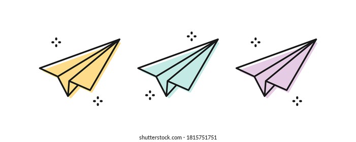 Paper plane icon set. Black outline with three colors. Vector illustration, flat design