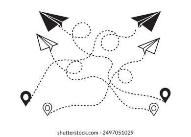 Paper plane icon set in doodle sketch style. Airplane route in the dotted line shape. Vector illustration. 