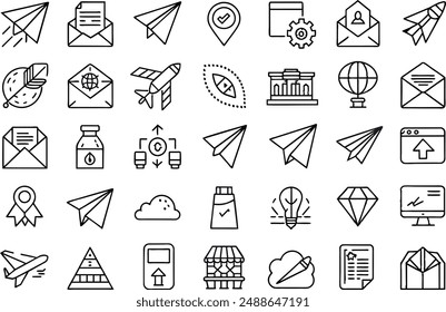 paper plane icon set. editable stroke outline icons set. vector illustration.