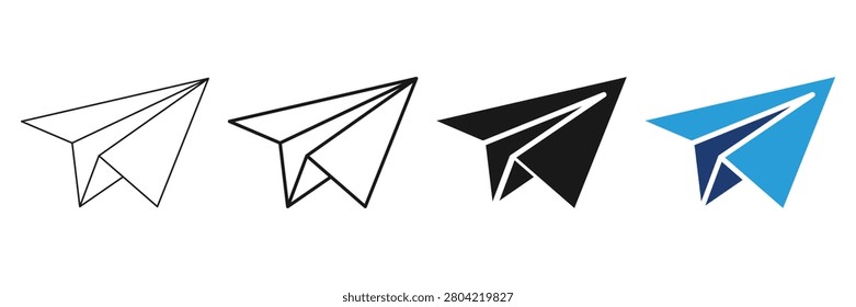 Paper plane icon set isolated on white background, vector illustration of origami airplanes with thin line, bold outline, solid black, and blue styles.