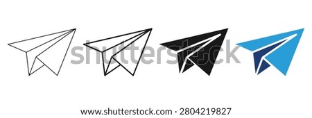 Paper plane icon set isolated on white background, vector illustration of origami airplanes with thin line, bold outline, solid black, and blue styles.