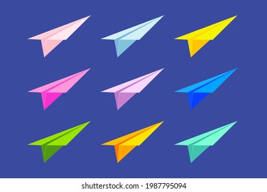 Paper plane icon set made in flat style. Multicoloured airplane collection isolated on dark blue background. Chat, messenger sign. Vector illustration.