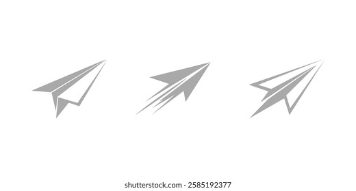 Paper Plane Icon Set in Three Styles, Representing the Concept of Speed and Flight. Isolated on a White Background, Vector Illustration