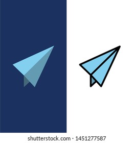 Paper, Paper plane, Plane  Icons. Flat and Line Filled Icon Set Vector Blue Background