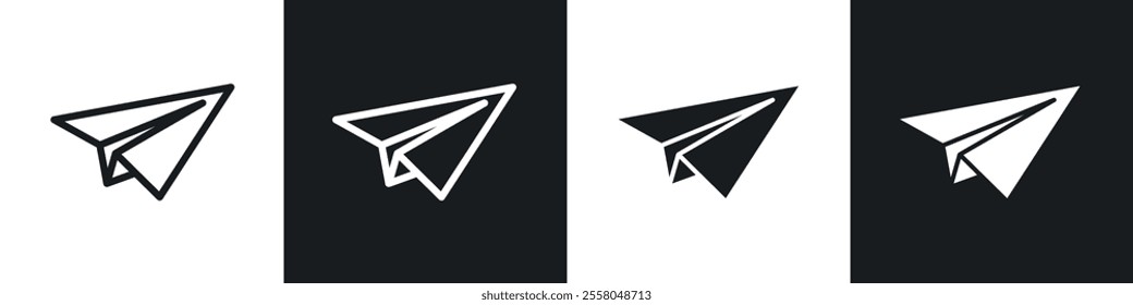 Paper plane icons pack in black and white filled and outlined versions.