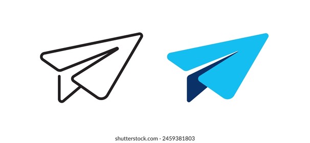 Paper plane icons. Sending email message icon. Airplane transport for travel. Line and blue color flat paper plane icons. Isolated on white background. Sending mail message. Vector