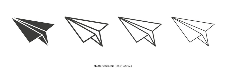 Paper plane icons set. Liner outlined and flat black color