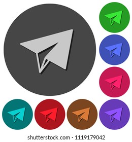 Paper plane icons with shadows on color round backgrounds for material design