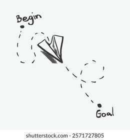 Paper plane journey from begin to goal. Dotted path shows progress. Start to finish, a playful route to reach the goal. Simple, clear, effective. Simple black line art doodle vector.