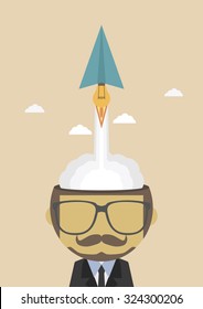 paper plane lanch from head to the sky , imagination concept