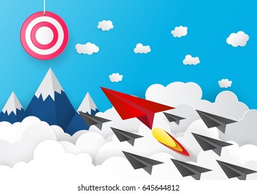 Paper plane launch to success dartboard target Concept paper art style ,business concept and exploration idea. vector illustration.