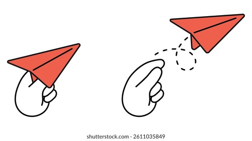 Paper Plane Launch Vector Illustration – Minimalist Cartoon Hand Throwing Paper Plane