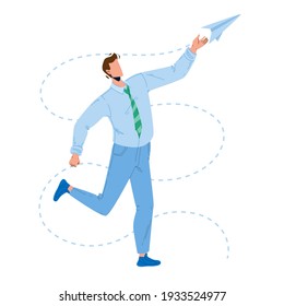 Paper Plane Launching Young Businessman Vector. Man Launch And Playing With Handmade Flying Paper Airplane. Character Boy Manager Have Funny Playful Time With Toy Flat Cartoon Illustration