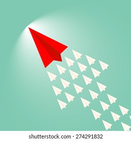 Paper plane leader concept/Leadership, teamwork and courage concept, Red paper plane with aircraft shadow for leader and white paper planes flying follow on sky. vector illustration 