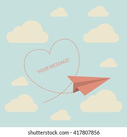 Paper plane leader.Paper plane on the sky with clouds and heart- Vector.Perfect for invitations, card, announcement or greetings.