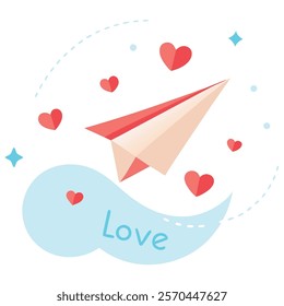  paper plane  with letter love and many hearts 