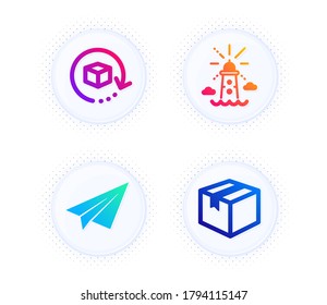 El plano de papel, el faro y el paquete Return iconos conjuntos simples. Botón con puntos de semitono. Signo de paquete. Avión, luz de navegación, mercancías de cambio. Caja de envío. Equipo de transporte. Vector