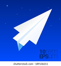 Paper plane like a cursor up flying in dark blue sky. Vector.