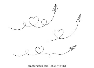 Paper plane with a line heart flight path. Silhouette of an airplane, resembling a toy jet or a craft, is depicted. A sleek and uncluttered design.