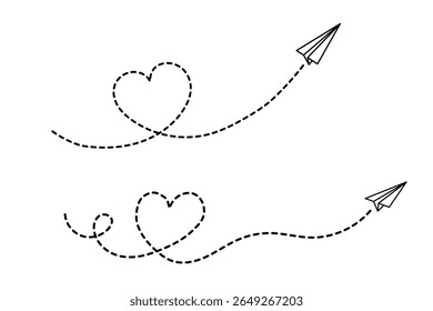Paper plane with line heart path. Outline of airplane shown with track, toy jet, or craft shape. Clean minimal style.