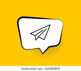 Paper plane line icon. Comic speech bubble. Airplane flight transport sign. Share symbol. Yellow background with chat bubble. Paper plane icon. Colorful banner. Vector