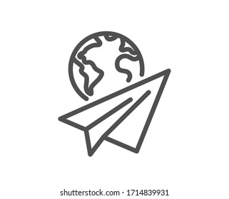 Paper plane line icon. International flight sign. Online travel symbol. Quality design element. Editable stroke. Linear style paper plane icon. Vector