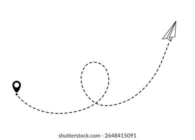 Paper plane with line path for fight or fly across air by vector art. Outline of airplane or aeroplane shown with track, toy jet, or craft shape. Clean minimal style.