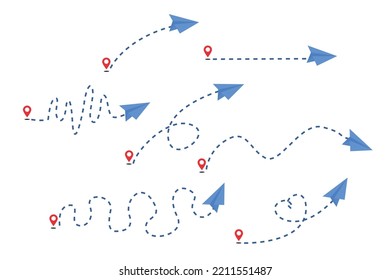 Paper plane line path route. Airplane routes with start point and dash line trace of line path of air plane flight. Planes, travel, map pins, location pins. Vector illustration