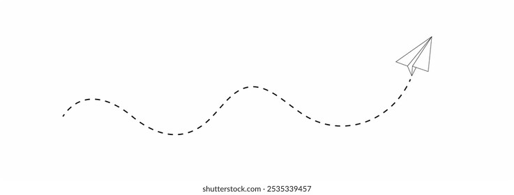 Ícone de vetor do caminho da linha do plano de papel. Avião Avião Avião Rotas Linha Set. Aviões pontilhados trajetória de voo. Caminhos planos. Rastreamento de aeronaves, aviões, viagens, símbolo vetorial em fundo transparente.