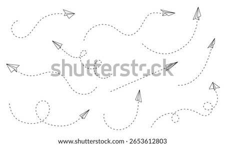 Paper plane and a line, representing a flight path, created using vector design. Schematic representation of an aircraft or jet, depicted as aero track or toy design.