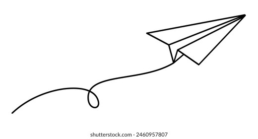Paper plane with line rises up, travel symbol, outline origami paper airplane, hand drawn doodle linear airplane - vector