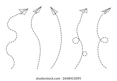 Paper plane and line set with path for flight or fly in the air by vector design. Outline airplane or jet craft shown as aero track or toy art. Simple concept illustration.