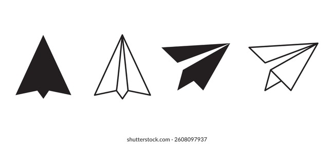 Paper plane liner icon vector set. paper airplane black icon vector. Send message button. Mail sign. Flight origami. Travel pictogram. Online chat concept vector illustration.
