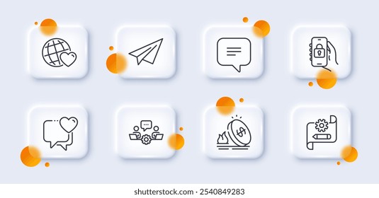 Paper plane, Locked app and Gas price line icons pack. 3d glass buttons with blurred circles. Cogwheel blueprint, Teamwork, Friends world web icon. Text message, Heart pictogram. Vector
