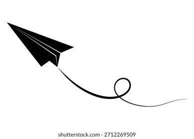 Paper plane with a loop trail black silhouette vector illustration isolated on white. Symbol for travel and communication.