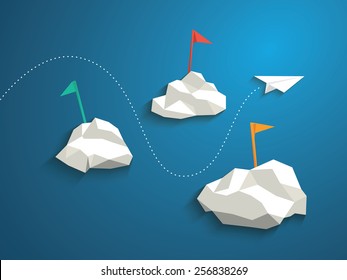 Paper plane and low polygonal clouds on blue sky. Infographics or business presentation template, background. Eps10 vector illustration.