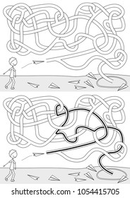 Paper plane maze for kids with a solution in black and white