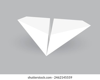 Paper plane model. Origami handmade aircraft view. Vector white paper airplane with shadow, isolated on gray background