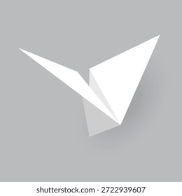 Paper plane model. Origami handmade aircraft view. Vector white paper airplane with shadow, isolated on gray background