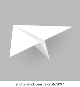Modelo de avião de papel. Origami vista de aeronave feita à mão. Avião de papel branco vetorial com sombra, isolado sobre fundo cinza