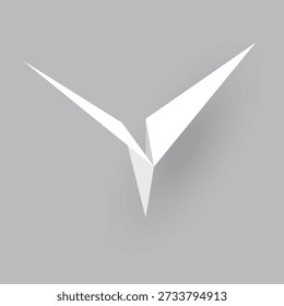 Paper plane model. Origami handmade aircraft view. Vector white paper airplane with shadow, isolated on gray background