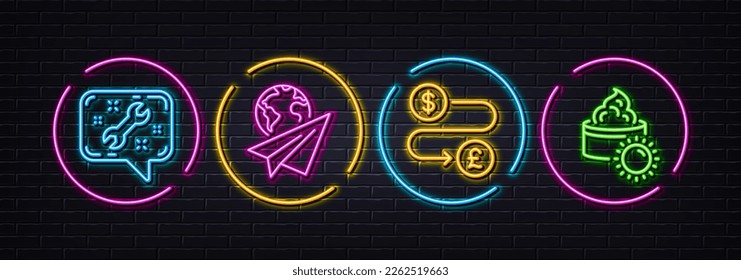 Paper plane, Money transfer and Spanner minimal line icons. Neon laser 3d lights. Sun cream icons. For web, application, printing. Airplane travel, Currency exchange, Repair service. Vector