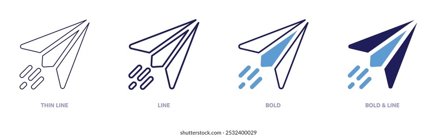 Paper plane motion icon in 4 different styles. Thin Line, Line, Bold, and Bold Line. Duotone style. Editable stroke.