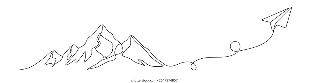 Paper plane and mountain in One Continuous line drawing. Minimalistic concept of world travel and international flight airline in simple linear style. Editable stroke.
