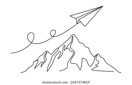 Paper plane and mountain in One Continuous line drawing. Minimalistic concept of world travel and international flight airline in simple linear style. Editable stroke.