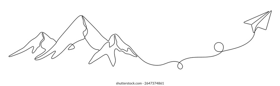 Paper plane and mountain in One Continuous line drawing. Minimalistic concept of world travel and international flight airline in simple linear style. Editable stroke.